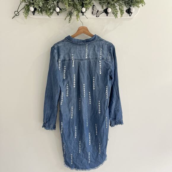 Cloth & Stone Chambray Shirt Dress Size S Denim Blue Button Down Frayed Hem T700 - Picture 2 of 3